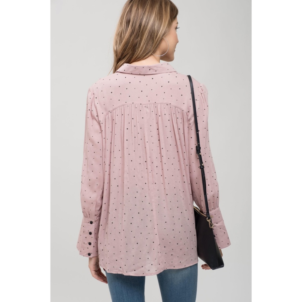 Collared Polka Dot Top with Button Detail Mauve - Picture 4 of 6